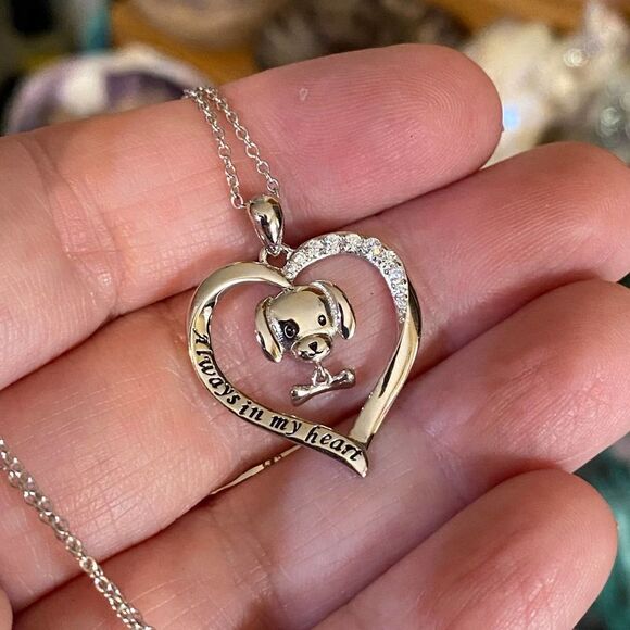 Always In My Heart Puppy Sterling Silver CZ Heart Necklace - Picture 1 of 5